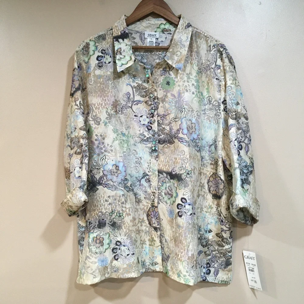 Graff Floral Burnout Button Up Shirt Womens XL Embellished Beads Artsy Boho Chic